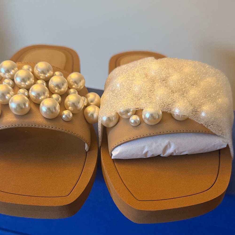 Stuart Weitzman Tan Sandals with Pearl Embellishments